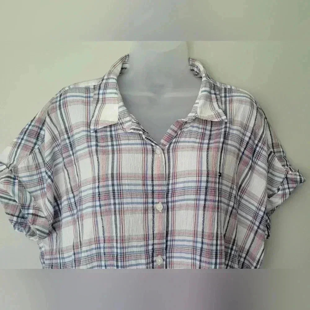 Tommy Hilfiger Drop Shoulder cuffed sleeve plaid button-down top, womens XLG - Picture 3 of 10